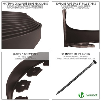 VOUNOT® Flexibilní plastový okraj trávníku s 30 zemními kotvami, délka 10 m, výška 5 cm, hnědý