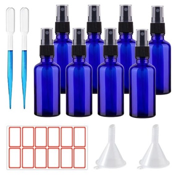 8 x 50ml sklenené rozprašovače, modrá prázdna parfémová rozprašovacia fľaštička s pumpičkou, znova