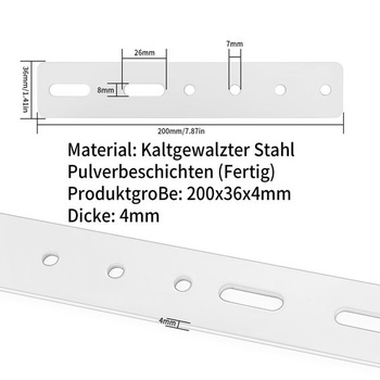 4 ks bielych kovových plochých konektorov 200x36mm so 6 otvormi 200 x 36 mm