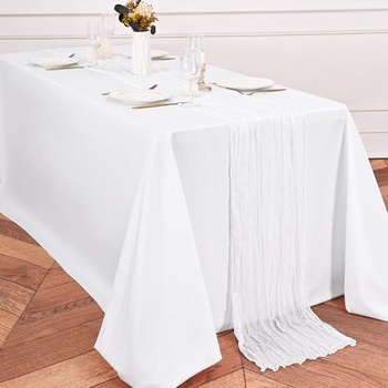 6 bielych behúňov na stôl 55 x 300 cm, Syrové behúne na stôl, Rustikálne gázové behúne na stôl,