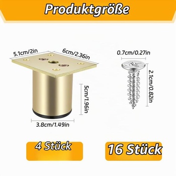 4 KS výškovo nastaviteľné nábytkové nohy z hliníka, výška 5 cm (zlaté)