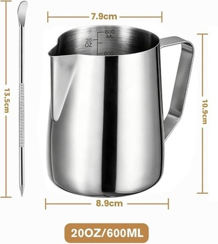 Džbán na mlieko - nerezová oceľová džbán na mlieko s objemom 600 ml/20 oz s odmerkou a perom pre latte