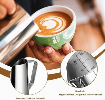 Džbán na mlieko - nerezová oceľová džbán na mlieko s objemom 600 ml/20 oz s odmerkou a perom pre latte
