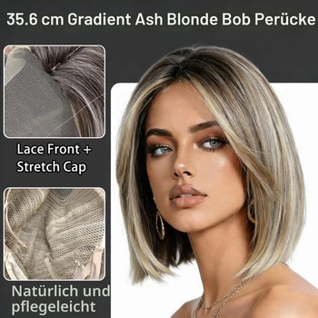 Paruka Bob 35,56 cm, platinová blond s šedými kořínky, tepelně odolné syntetické vlákno, prodyšná