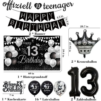 Dekorácie k 13. narodeninám pre chlapcov - Balóniky - 20 kusov čierne pre 13-ročných teenagerov