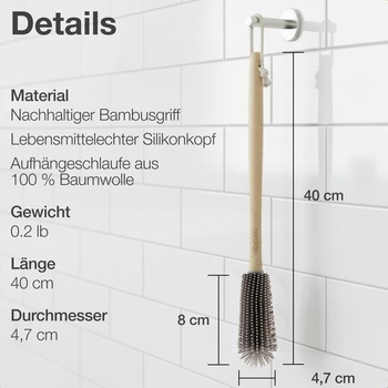 40cm extra dlhá kefa na fľaše, bambusový a silikónový čistič fliaš