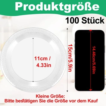 100 opakovaně použitelných plastových talířů, průhledných, 15 cm
