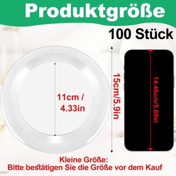 100 opakovane použiteľných plastových tanierov, priehľadných, 15 cm