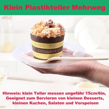 100 opakovaně použitelných plastových talířů, průhledných, 15 cm