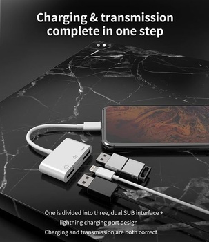 Adaptér/nabíjací kábel/dongle pre iPhone, Lightning samec/duálny USB samica/fotoaparát/memory