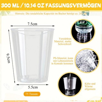 Sada 75 kelímků z tvrdého plastu Solivive, plastové kelímky na pití o objemu 300 ml/10 oz,