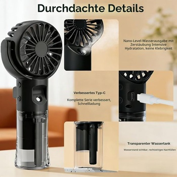 Ručný ventilátor, prenosný mini ventilátor s vodnou hmlou, dobíjací ventilátor s USB a 4 rýchlosťami,