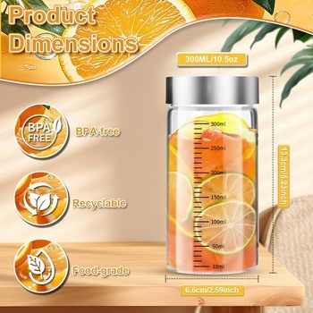 Sada 4 sklenených fliaš, 300ml, s nerezovými viečkami, sady pohárov na smoothie s odmerkou, opakovane