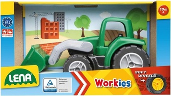 Lena 1263 Workies traktor s čelným nakladačom, 14 cm, ABS plastový traktor s pohyblivou lopatou,