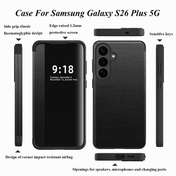 Ochranný kryt pre Samsung S26 Plus, flipové puzdro, priehľadné, tenké, tvrdé puzdro, PC + PU koža,