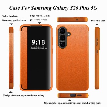 Ochranný kryt pre Samsung S26 Plus, flipové puzdro, priehľadné, tenké, tvrdé puzdro, PC + PU koža,