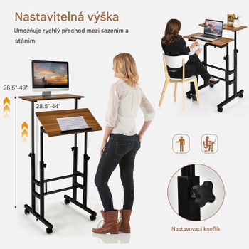2úrovňový nastaviteľný stôl na státie VR-JE78594, na kolieskach, orech - A