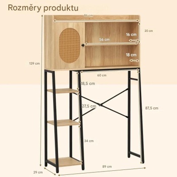 Toaletná polica s dvierkami JV11801NA, PE-ratan, 89 x 29 x 139 cm, prírodná - A