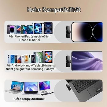 Bezdrátový klopový mikrofon pro iPhone, iPad a Android, sada 2 mini mikrofonů s potlačením hluku,