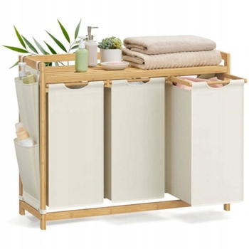 Kôš na bielizeň s 3 priehradkami RLH115WD01, bambusový, 150 l, 94 x 33 x 78 cm, krémová - A