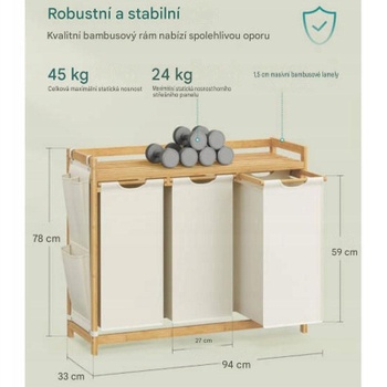 Kôš na bielizeň s 3 priehradkami RLH115WD01, bambusový, 150 l, 94 x 33 x 78 cm, krémová - A