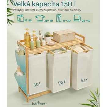 Kôš na bielizeň s 3 priehradkami RLH115WD01, bambusový, 150 l, 94 x 33 x 78 cm, krémová - A