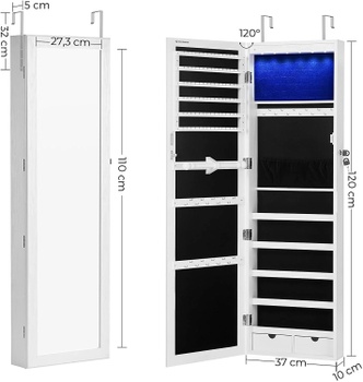 Nástenná zrkadlová šperkovnica s LED osvetlením JJC93W, 37 x 120 x 10 cm, biela - A