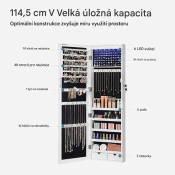 Nástenná zrkadlová šperkovnica s LED osvetlením JJC93W, 37 x 120 x 10 cm, biela - A