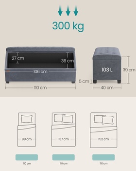 Úložná lavica s vekom LSF089G01V1, nosnosť až 300 kg, 40 x 110 x 40 cm, sivá - A