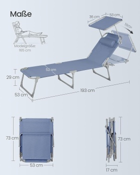 Skladacie ležadlo so slnečnou clonou GCB192Q01, 193 x 53 x 29 cm, nosnosť až 150 kg, modré - A