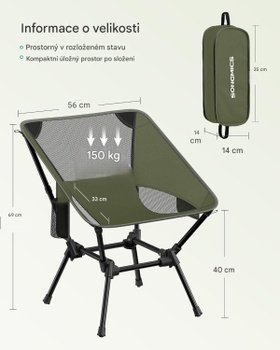 Skladacia kempingová stolička GCB050CZ01, výškovo nastaviteľná, oceľový rám, nosnosť 150 kg, zelená - A