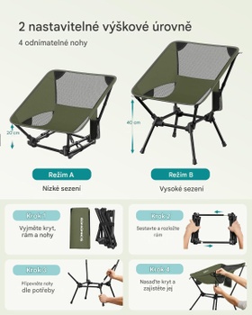 Skladacia kempingová stolička GCB050CZ01, výškovo nastaviteľná, oceľový rám, nosnosť 150 kg, zelená - A