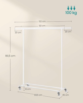 Vešiak na oblečenie HSR013W01, na kolieskach, nosnosť až 100 kg, biely - A