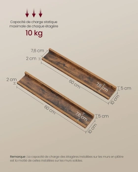 Plávajúce nástenné police LWS064K01, 60 cm, súprava 4 kusov, hnedé - A