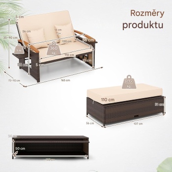 Záhradná pohovka KZ04950, 165 x 72 x 90 cm, operadlo so 4 polohami, hnedo/béžová - A
