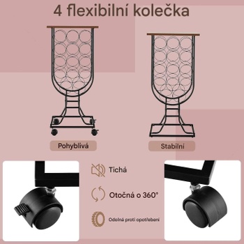 Stojan s kolieskami na 14 fliaš vína 107G67DK, 38 x 30 x 82 cm, čierno / hnedý - A