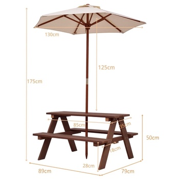 Detský piknikový stôl 3 v 1 s odnímateľným slnečníkom NP12192, 89 x 79 x 50 cm, hnedý - A