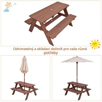 Detský piknikový stôl 3 v 1 s odnímateľným slnečníkom NP12192, 89 x 79 x 50 cm, hnedý - A