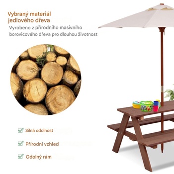 Detský piknikový stôl 3 v 1 s odnímateľným slnečníkom NP12192, 89 x 79 x 50 cm, hnedý - A