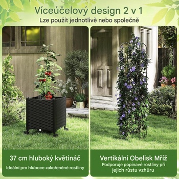 Kvetináč na kolieskach s mriežkou GT4402, výškovo nastaviteľná, čierna - A