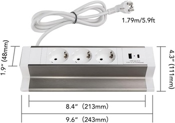 Stolný predlžovací kábel PS009-W-EU, s 3 zásuvkami a 2 USB porty typu A+C, 1,8 m, biela - A