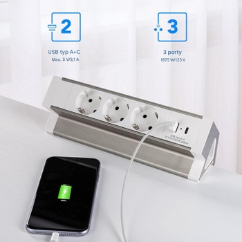 Stolný predlžovací kábel PS009-W-EU, s 3 zásuvkami a 2 USB porty typu A+C, 1,8 m, biela - A