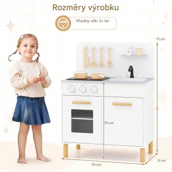 Detská drevená kuchynka so svetlami a zvukmi pre interaktívne varenie, 55 x 31 x 75 cm, biela - A