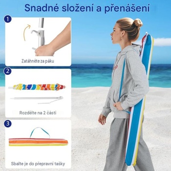 Plážový slnečník s prepravnou taškou 45938083, UPF50+, 178Ø x 206 cm, viacfarebný - A