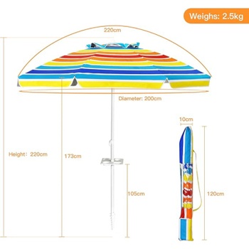 Plážový slnečník B09B538Z97, 220 cm, UPF50+, farebný - A