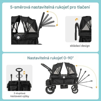 Kočík 2v1 s nastaviteľnou rukoväťou a odnímateľnou strieškou BC10302BK, čierny - A