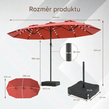 Dvojitý slnečník s LED osvetlením a stojanom NP13260DE-OR, 460 x 285 cm, oranžový - A