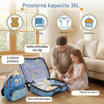 Súprava batožiny pre deti MY21114JHDEDE, 2v1, so 4kolesovým ručným vozíkom a batohom, modrá - A