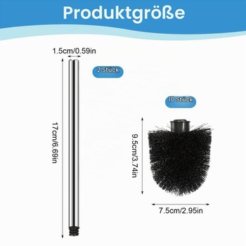 10dielna sada toaletných kief s 2 rukoväťami z nerezovej ocele, čierna, priemer 8 cm, vymeniteľná