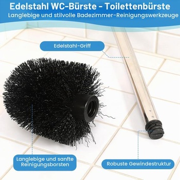 10dílná sada toaletních kartáčů se 2 rukojeťmi z nerezové oceli, černá, průměr 8 cm, vyměnitelná